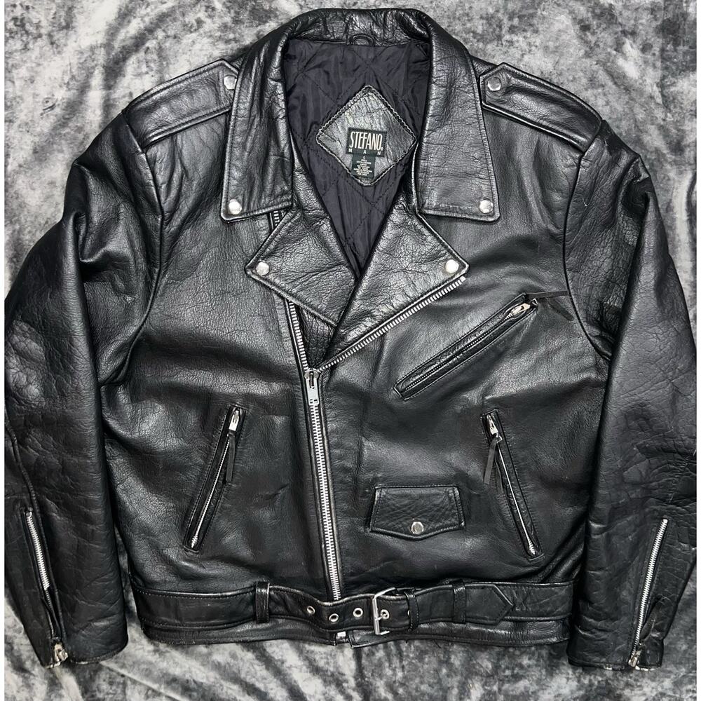 Stefano Man Leather Motorcycle Jacket Men’s L Black Quilted Lining Belted Moto